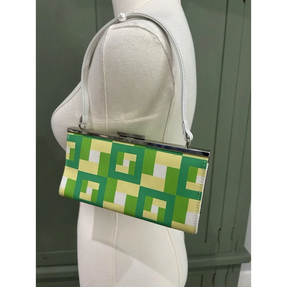 Vintage Claires Icing‎ Y2K Mini Shoulder Bag Purse Kiss Lock Green Geo 00s Bratz